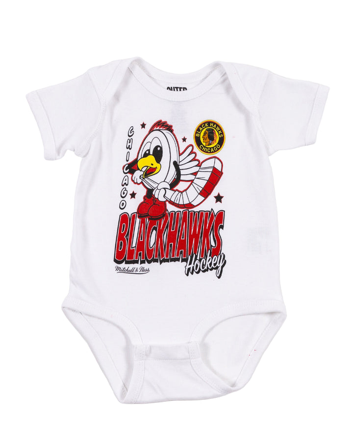 white Mitchell & Ness infant onesie with Chicago Blackhawks Tommy puck graphic across front - front lay flat