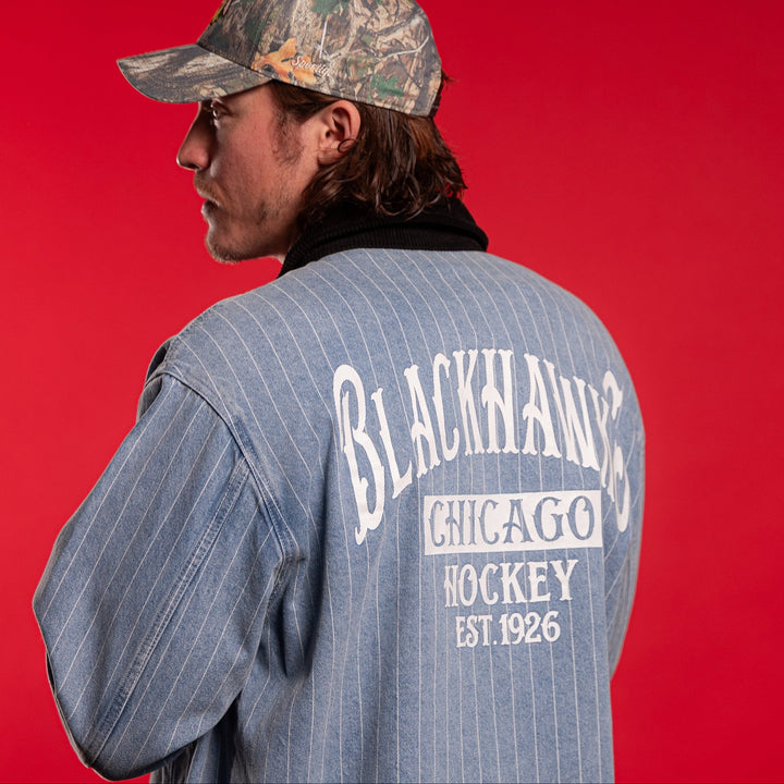 Wild Collective Chicago Blackhawks Unisex Pinstripe Denim Jacket