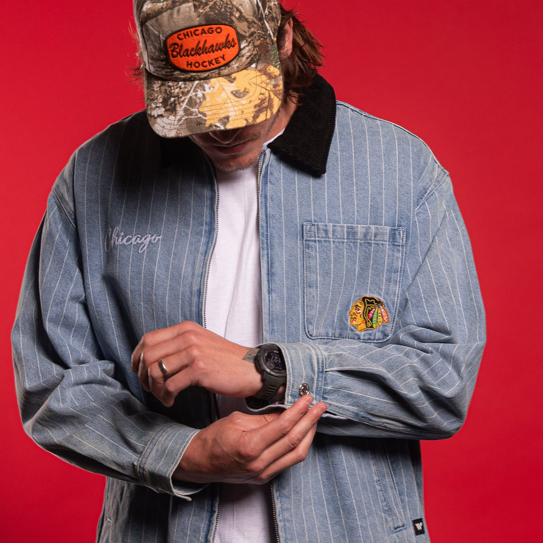 Wild Collective Chicago Blackhawks Unisex Pinstripe Denim Jacket