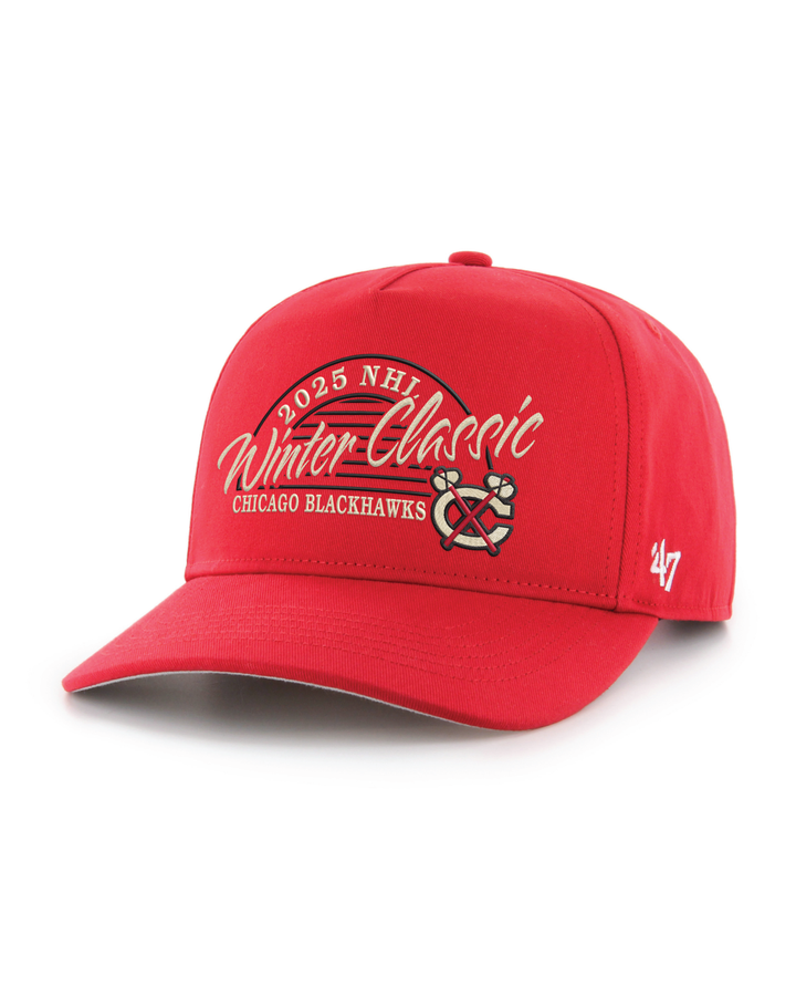 red adjustable hitch snapback from '47 brand with Chicago Blackhawks Winter Classic wordmark and secondary logo on front - front lay flat