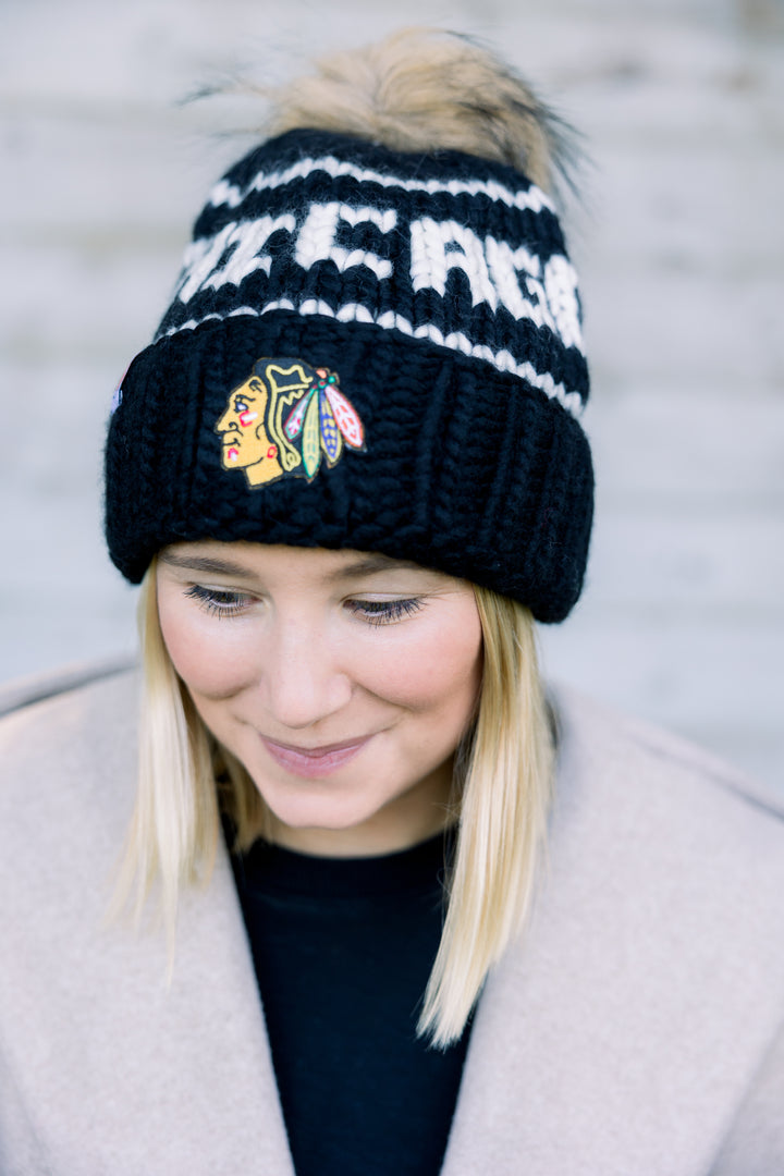 black Chicago Blackhawks beanie with detachable tan pom - alt lifestyle imagery