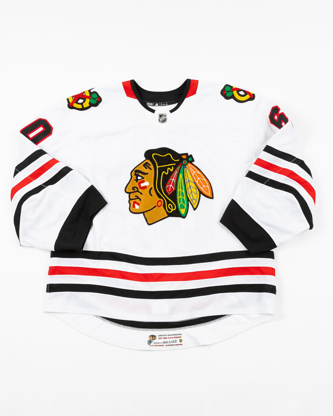 white team issued Chicago Blackhawks jersey with Collin Delia name and number - front lay flat