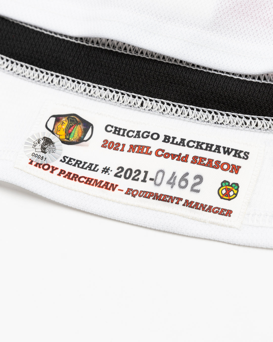 white team issued Chicago Blackhawks jersey with Collin Delia name and number - authentic patch detail lay flat