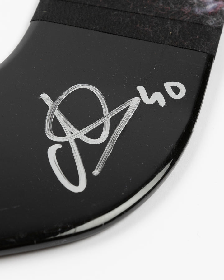 signed game-used goalie hockey stick from Chicago Blackhawks goalie Arvid Soderblom - autograph detail lay flat