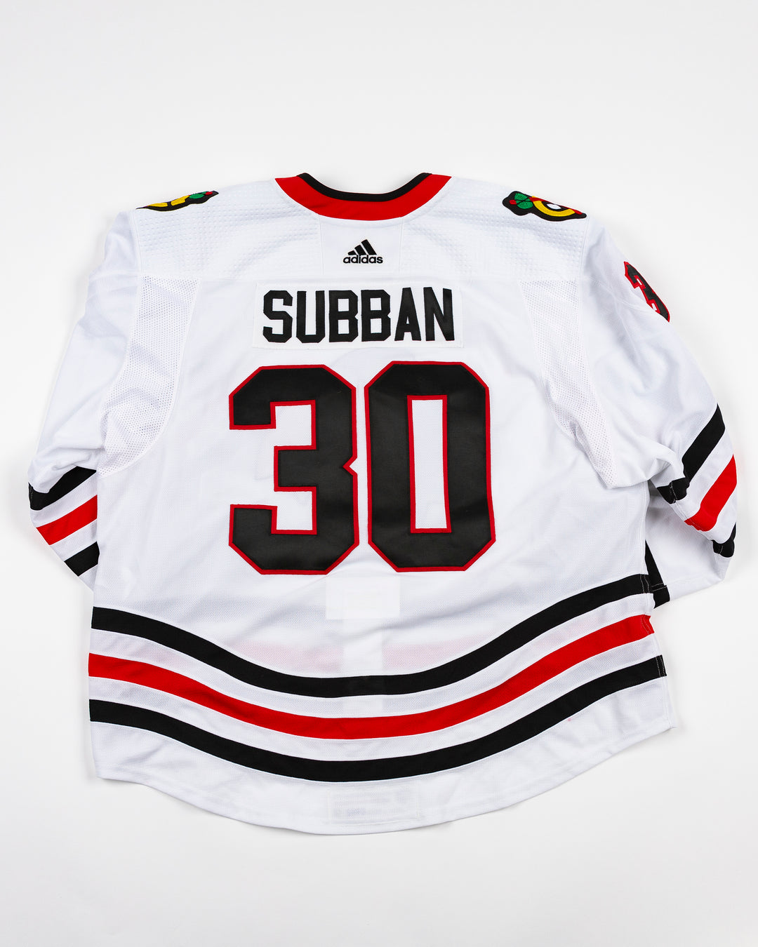 white away Chicago Blackhawks game-used Malcolm Subban jersey - back lay flat