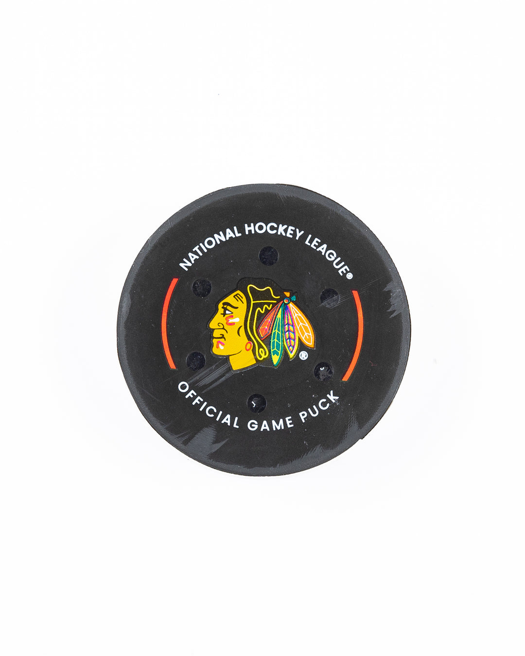 Chicago Blackhawks official game used puck against Anaheim Ducks in November 2024 - front lay flat