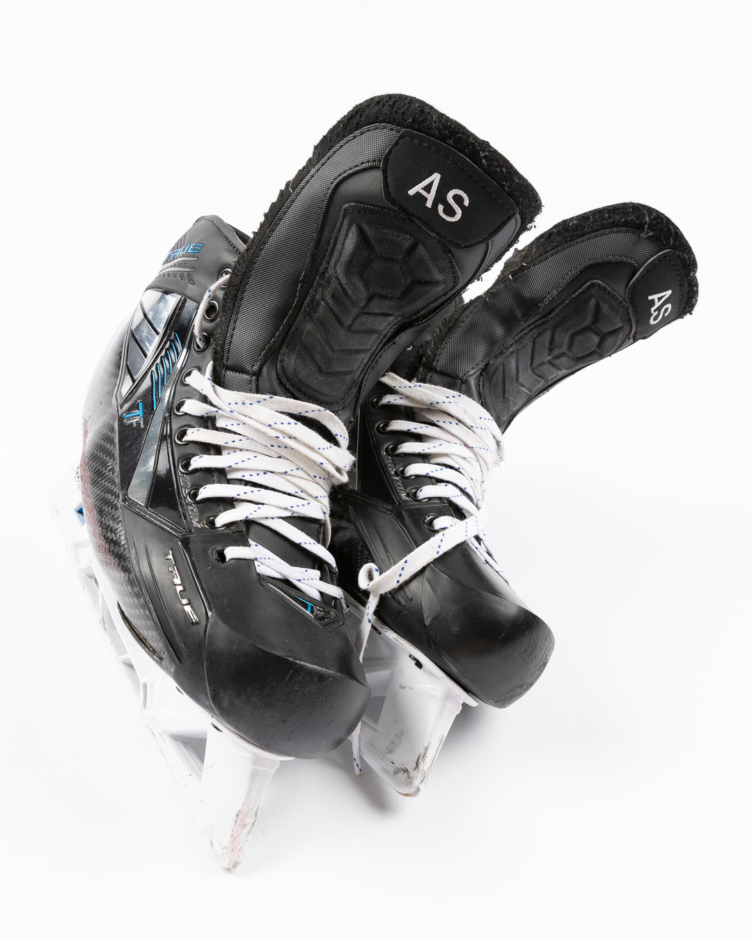 TRUE brand hockey skates worn and used by Chicago Blackhawks player Arvid Soderblom - front lay flat