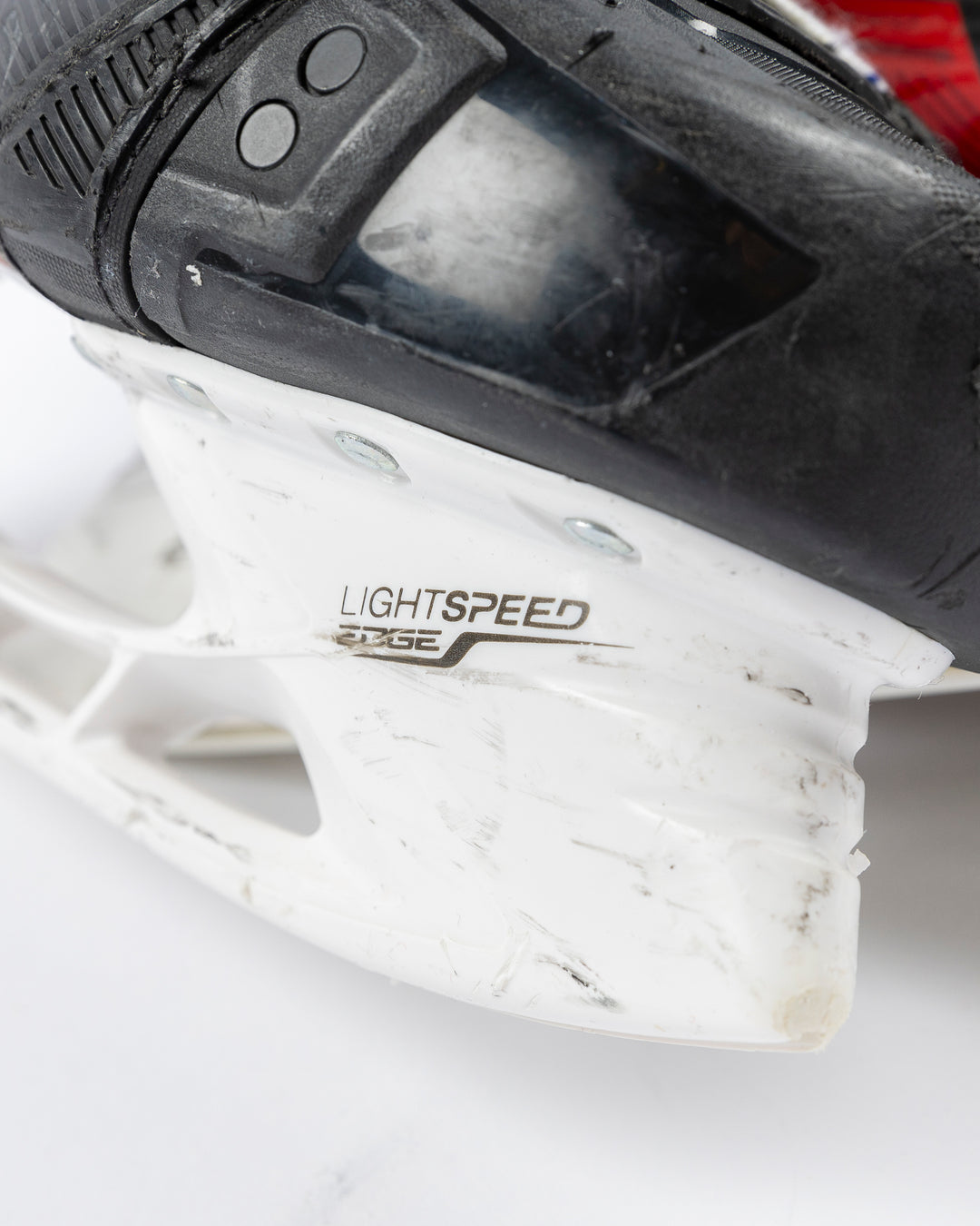 black CCM hockey skates worn by Chicago Blackhawks player Joey Anderson - skate detail lay flat