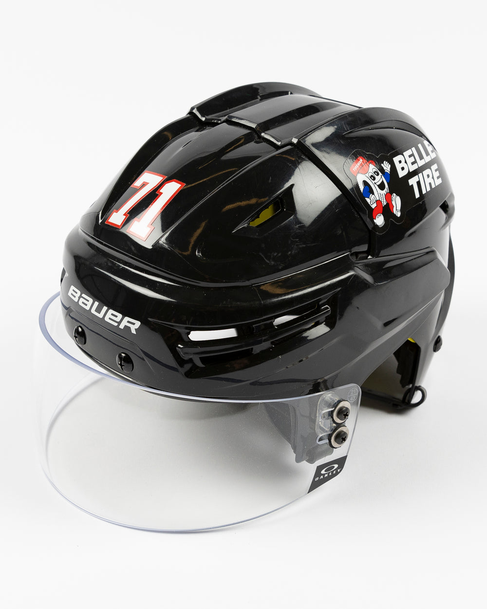 black Bauer hockey helmet used by Chicago Blackhawks player Taylor Hall - left angle lay flat