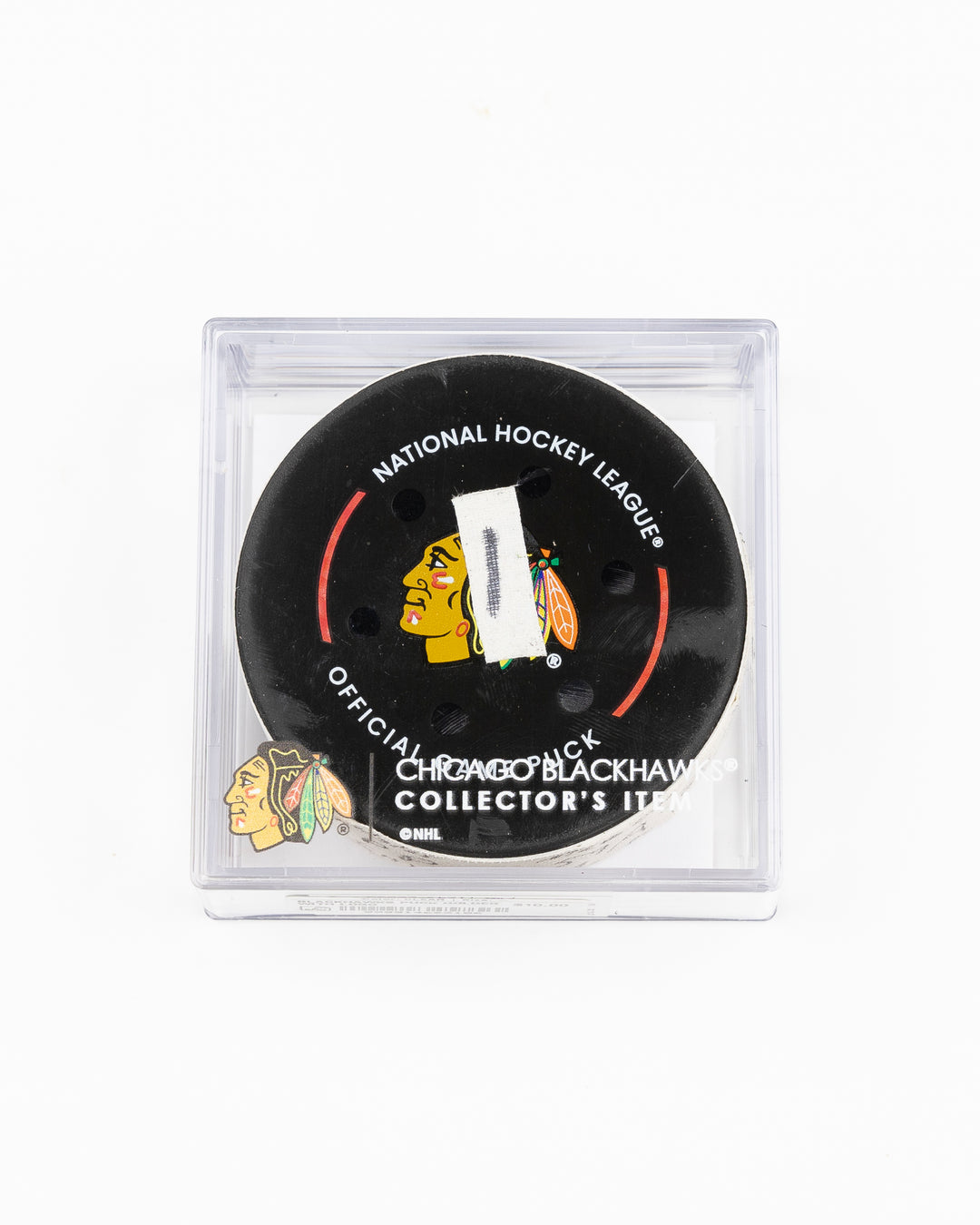 official Chicago Blackhawks hockey puck game used and scored by player Tyler Bertuzzi - front lay flat in case