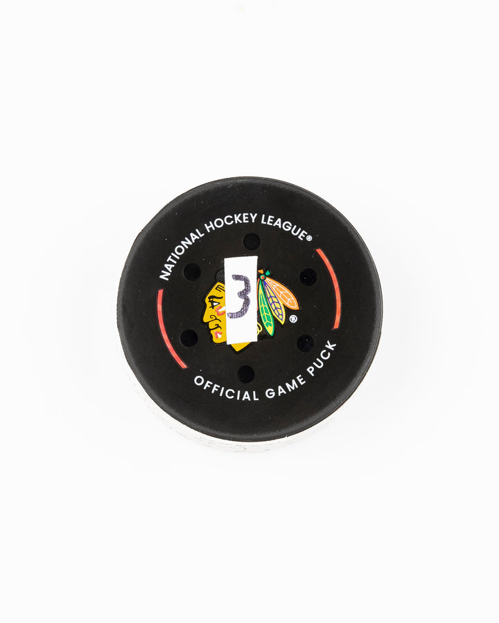 official Chicago Blackhawks game used goal puck scored by Tyler Bertuzzi against the Vegas Golden Knights on January 18, 2025 - front lay flat