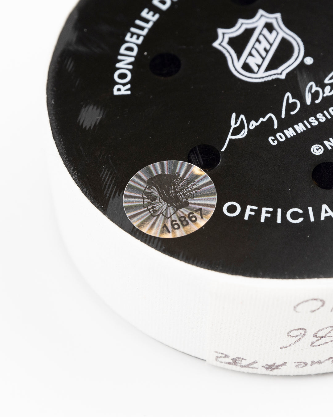official Chicago Blackhawks game used goal puck scored by Tyler Bertuzzi against the Vegas Golden Knights on January 18, 2025 - hologram sticker detail lay flat