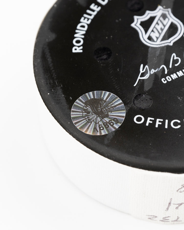 offcial Chicago Blackhawks game used goal hockey puck scored by Tyler Bertuzzi against Vegas Golden Knights on January 18, 2025 - hologram sticker detail lay flat