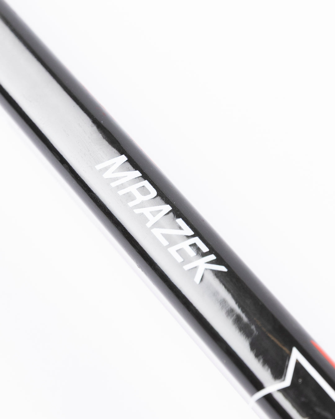 WARRIOR brand hockey goalie stick used in game by former Chicago Blackhawks goalie Petr Mrazek - name detail lay flat