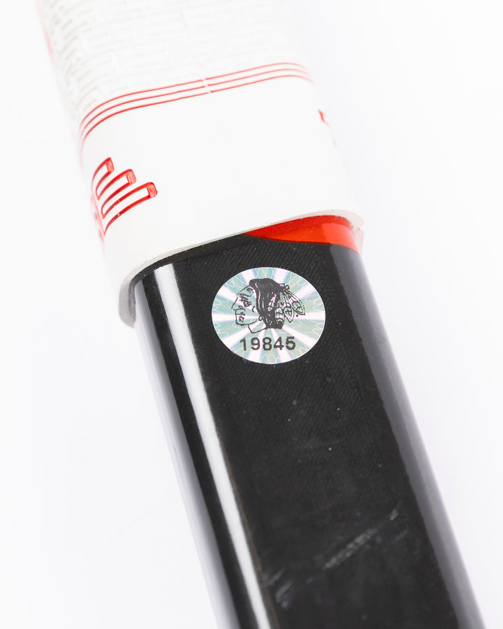 WARRIOR brand hockey goalie stick used in game by former Chicago Blackhawks goalie Petr Mrazek - hologram sticker detail lay flat