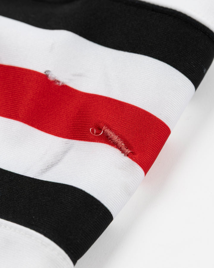white adidas hockey socks used by Chicago Blackhawks goalie Petr Mrazek - stitch detail lay flat
