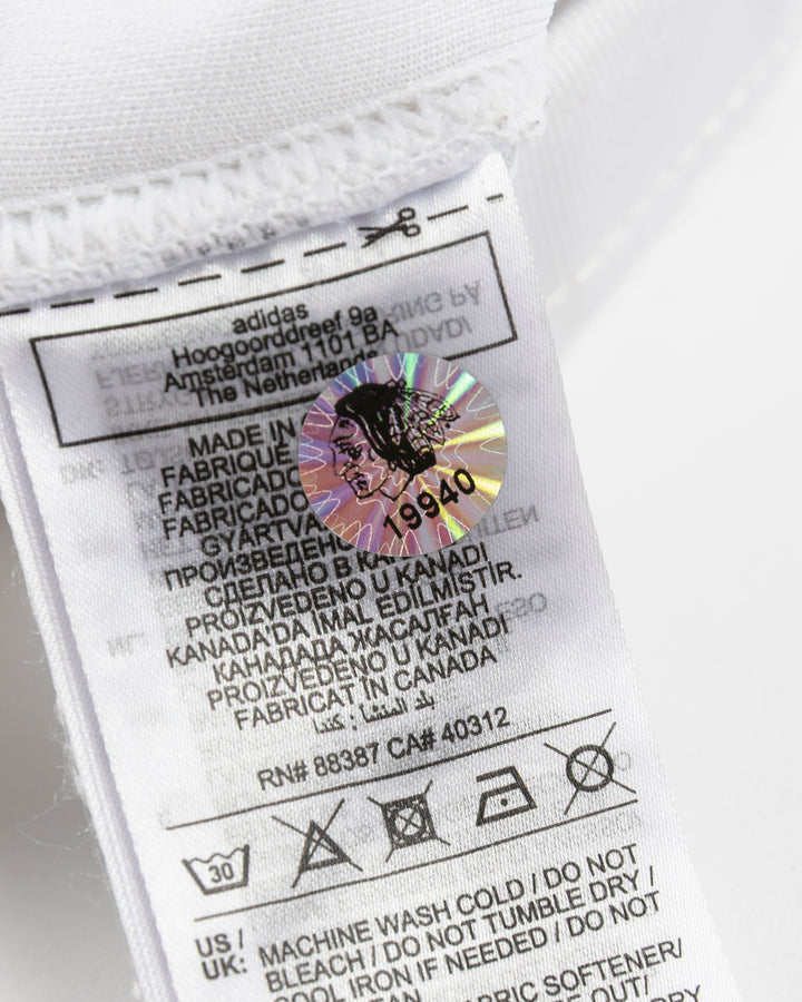 white adidas hockey socks used by Chicago Blackhawks goalie Petr Mrazek - hologram sticker detail lay flat