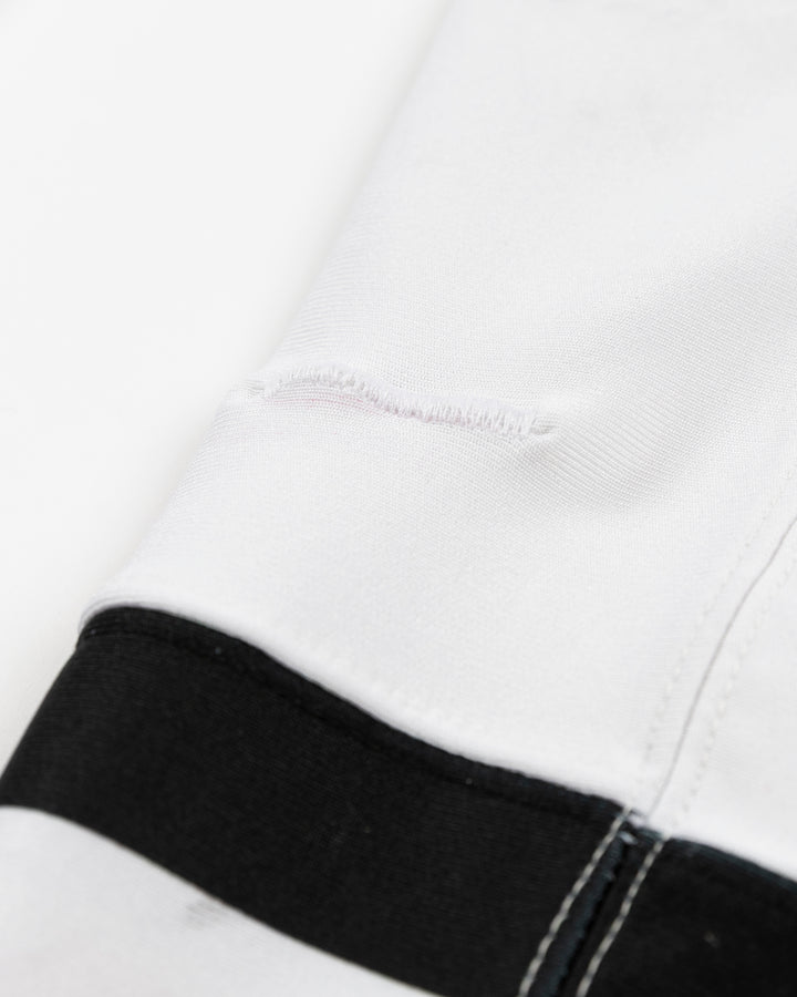 white adidas hockey socks used by Chicago Blackhawks player Louis Crevier - stitch detail lay flat