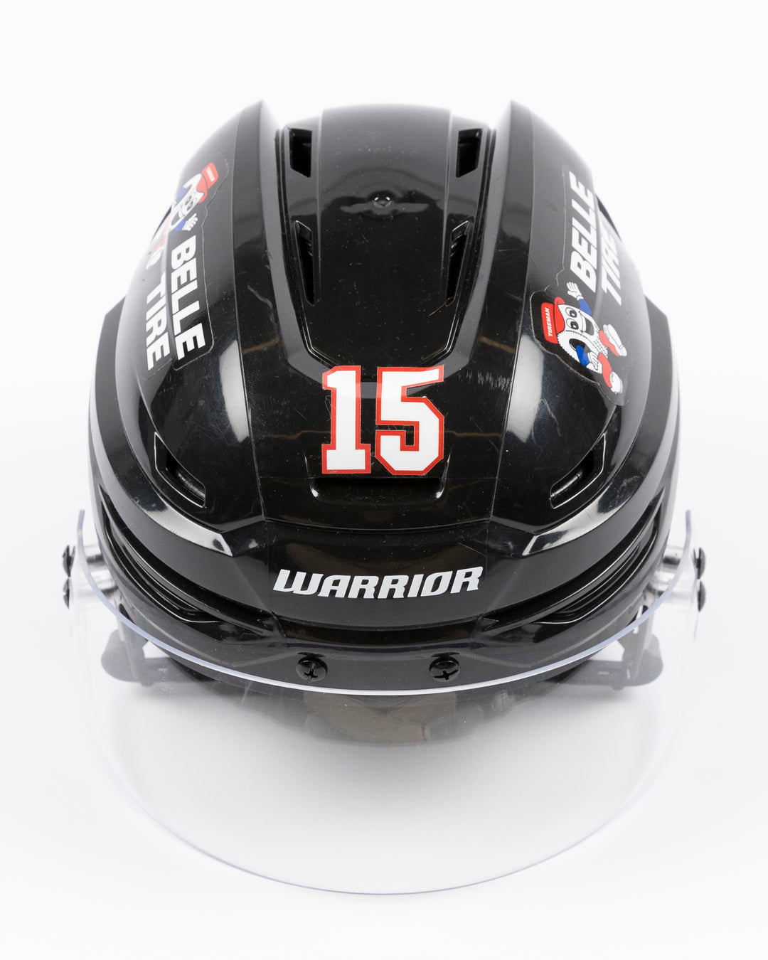 black Warrior brand hockey helmet used by Chicago Blackhawks player Joey Anderson - front lay flat