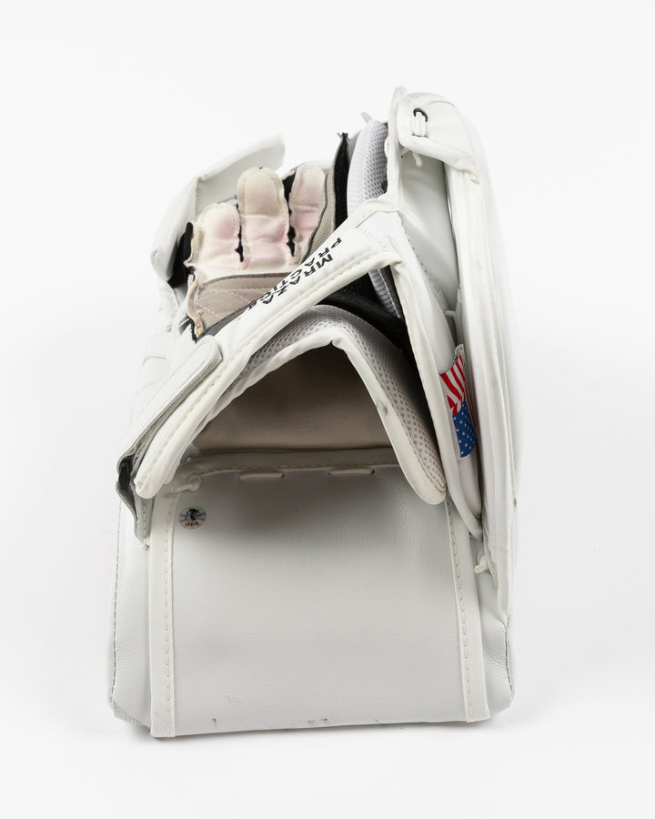 white Vaughn goalie blocker used by Chicago Blackhawks goalie Petr Mrazek - hand detail lay flat