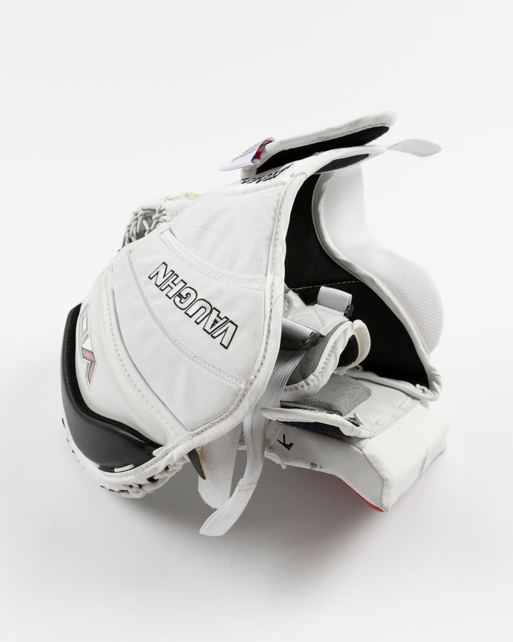 white and red Vaughn hockey goalie glove used by Chicago Blackhawks goalie Petr Mrazek - alt detail lay flat