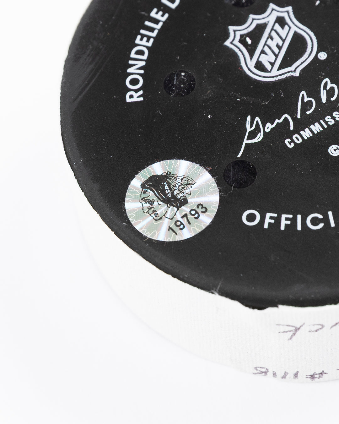official Chicago Blackhawks hockey puck used in game against Philadelphia Flyers on 3/23/25 - hologram sticker detail lay flat