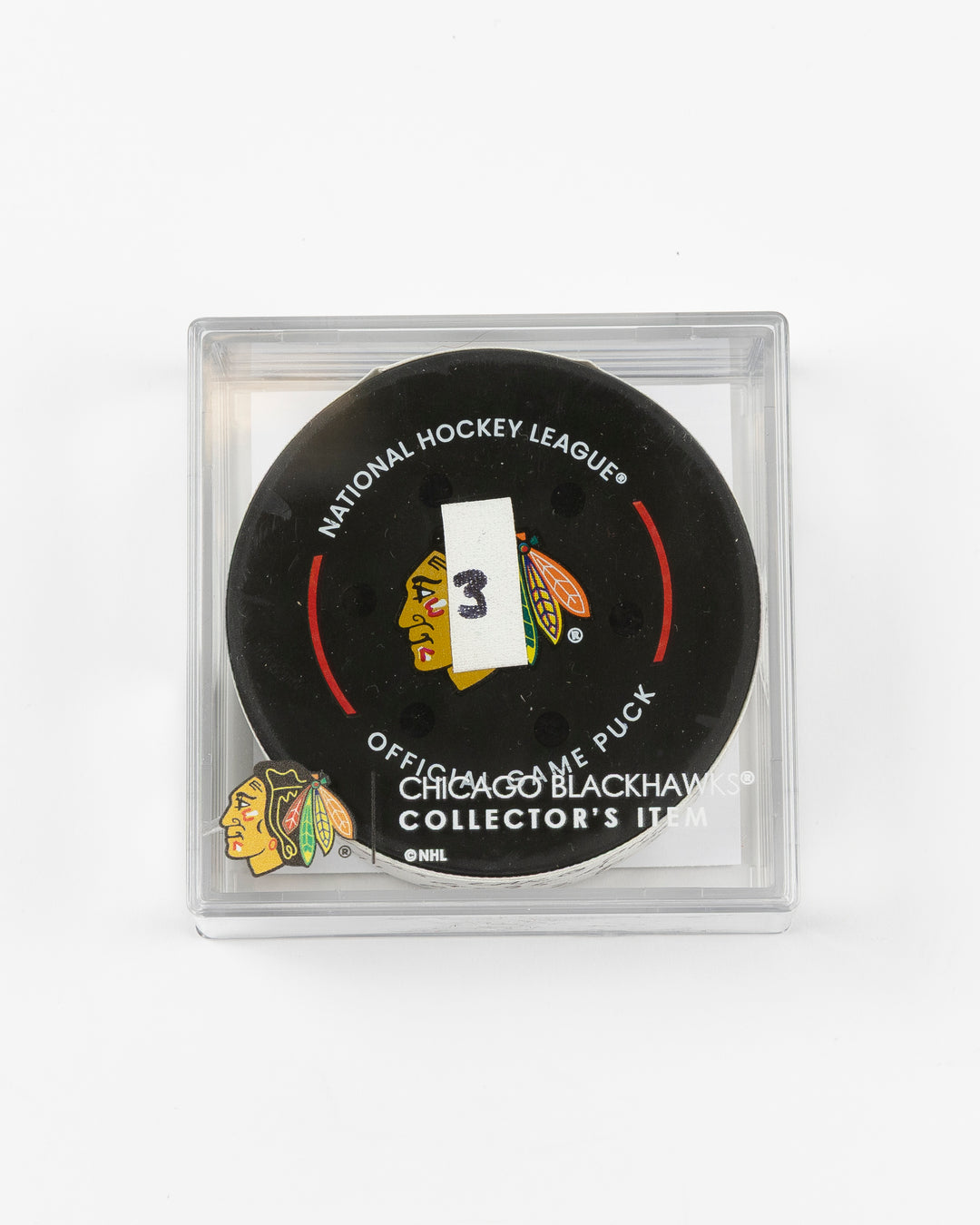 official game used goal puck scored by Chicago Blackhawks player Ilya Mikheyev on 3/3/25 - front lay flat inside case