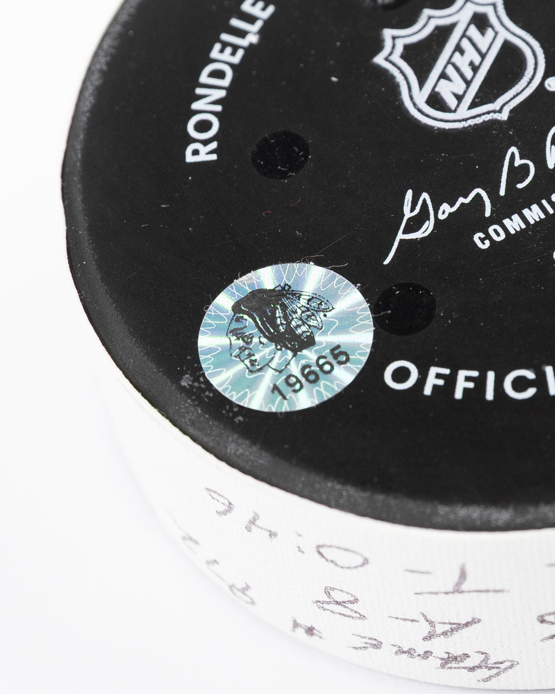 official game used goal puck scored by Chicago Blackhawks player Ilya Mikheyev on 3/3/25 - hologram sticker detail lay flat