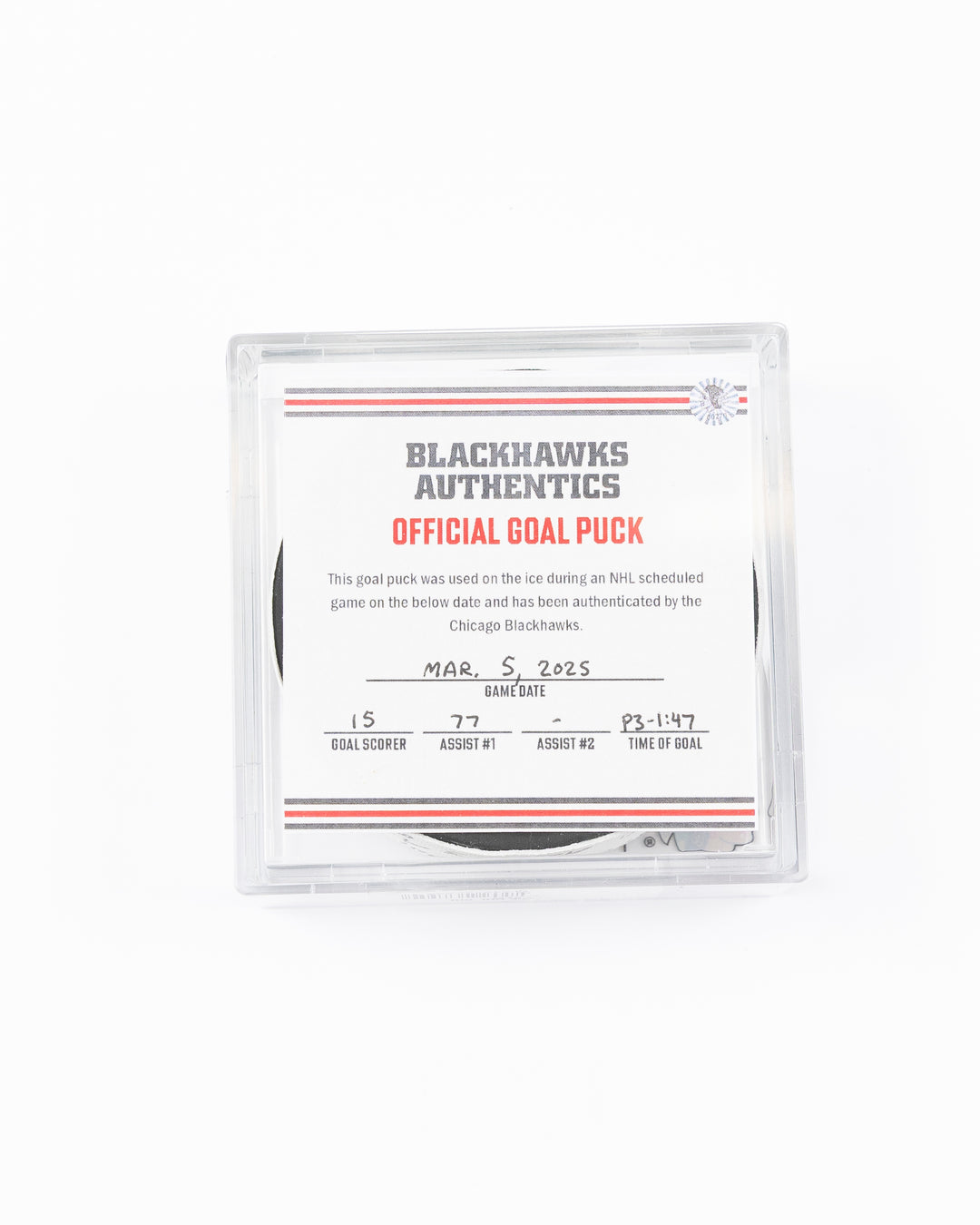 official hockey goal puck scored by Chicago Blackhawks plyer Craig Smith against Ottawa Senators 3/5/25 - front lay flat in case with certificate