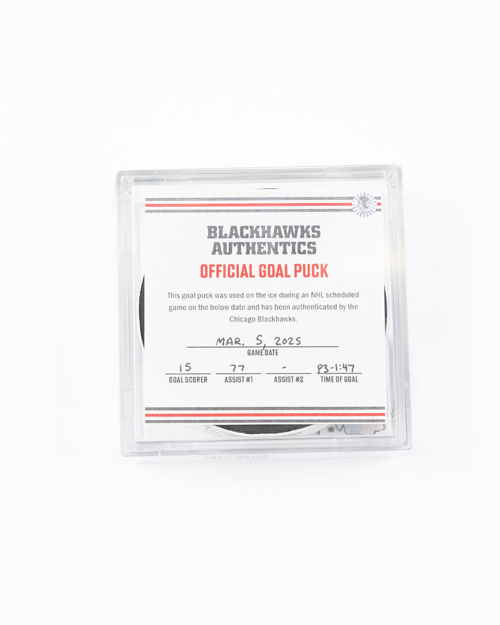 official hockey goal puck scored by Chicago Blackhawks plyer Craig Smith against Ottawa Senators 3/5/25 - front lay flat in case with certificate