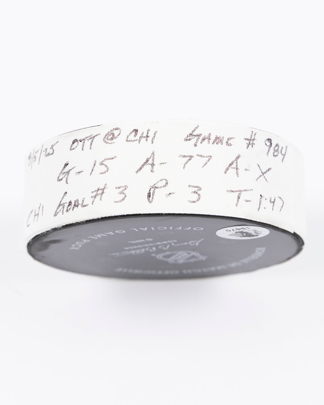 official hockey goal puck scored by Chicago Blackhawks plyer Craig Smith against Ottawa Senators 3/5/25 - tape detail lay flat