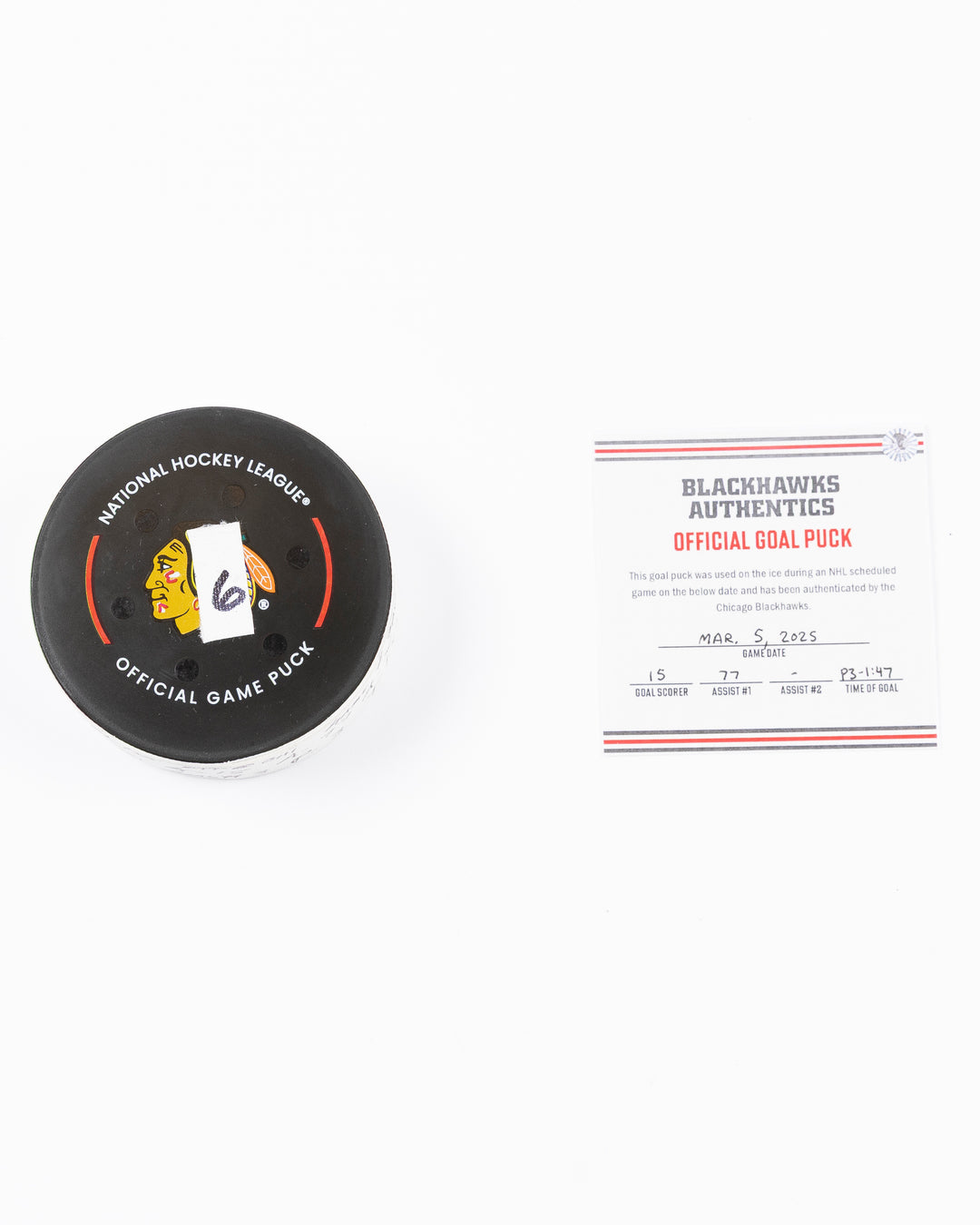 official hockey goal puck scored by Chicago Blackhawks plyer Craig Smith against Ottawa Senators 3/5/25 - front lay flat puck and certificate