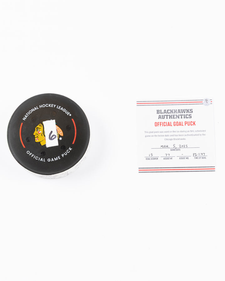 official hockey goal puck scored by Chicago Blackhawks plyer Craig Smith against Ottawa Senators 3/5/25 - front lay flat puck and certificate