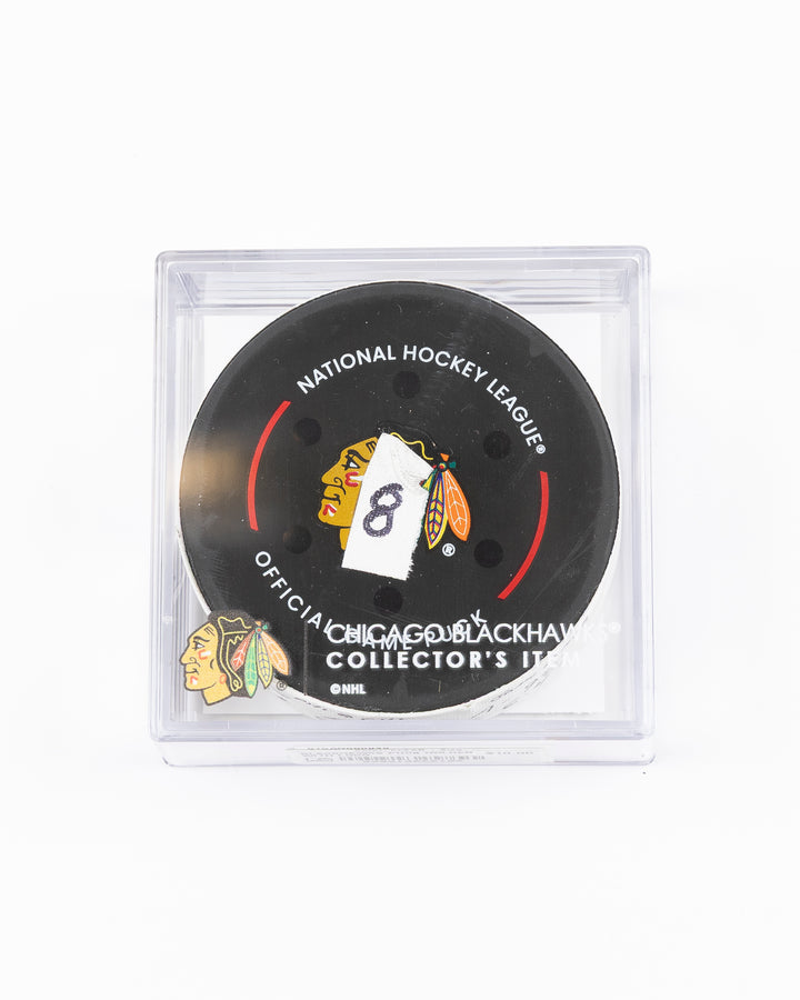 official hockey goal puck scored by Chicago Blackhawks player Ryan Donato 3/23/25 - front lay flat in case