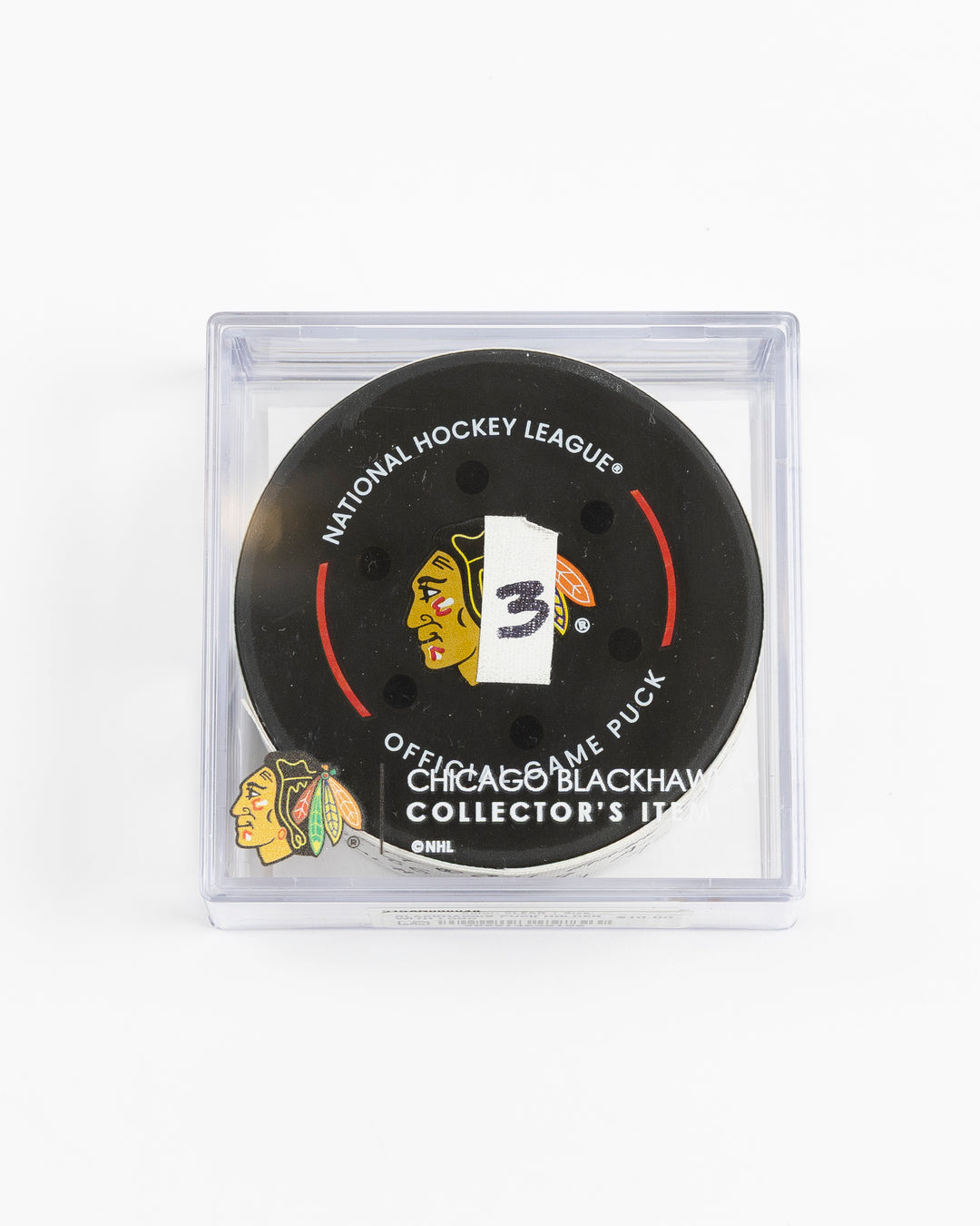 official game used hockey goal puck scored by Chicago Blackhawks player Teuvo Teravainen - front lay flat in case
