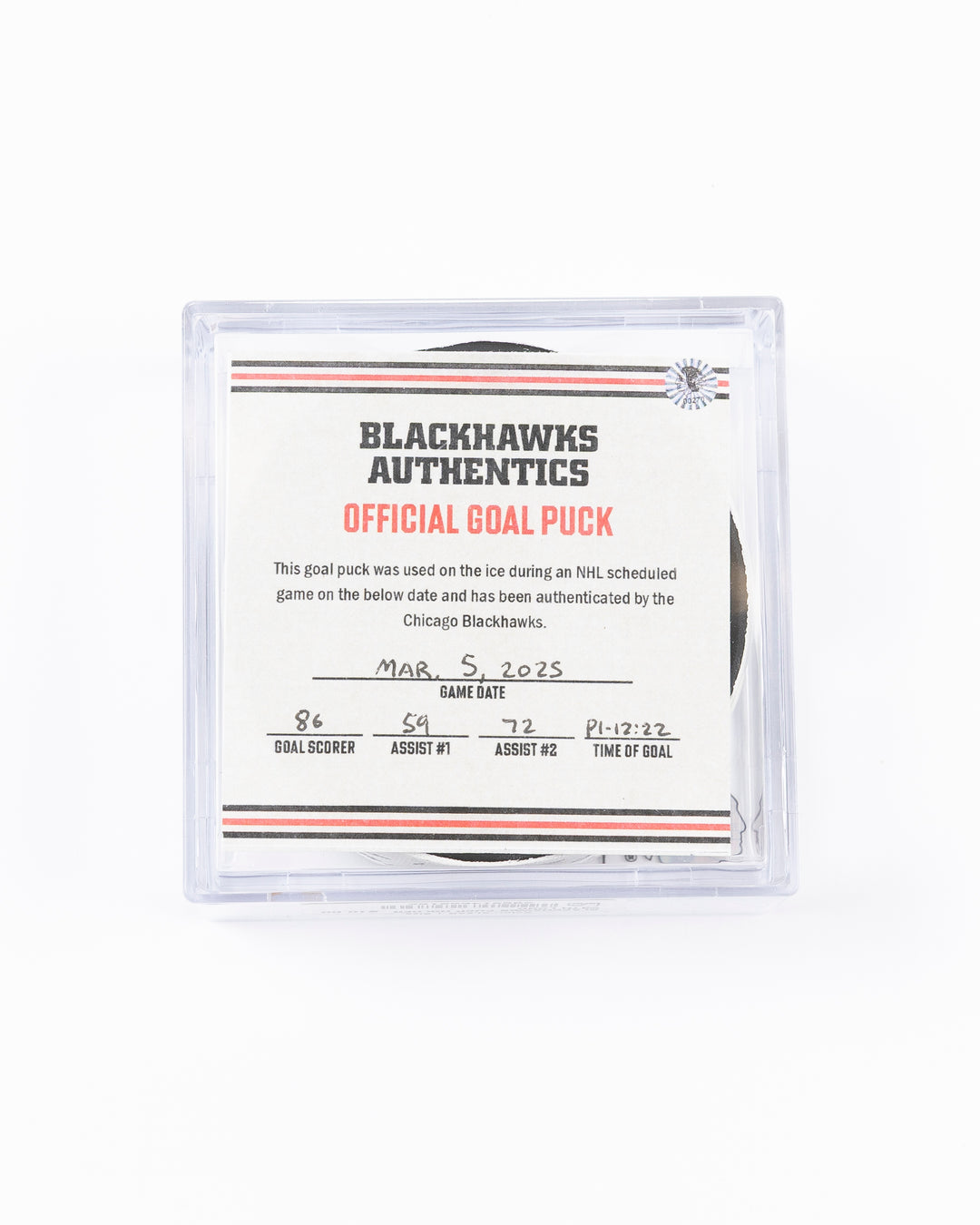 official game used hockey goal puck scored by Chicago Blackhawks player Teuvo Teravainen - front lay flat in case with certificate