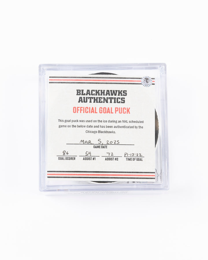 official game used hockey goal puck scored by Chicago Blackhawks player Teuvo Teravainen - front lay flat in case with certificate