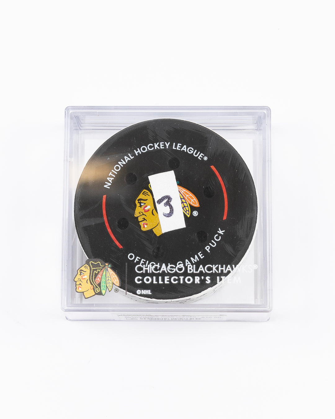 official game used hockey goal puck scored by Chicago Blackhawks player Ilya Mikheyev - front lay flat in case