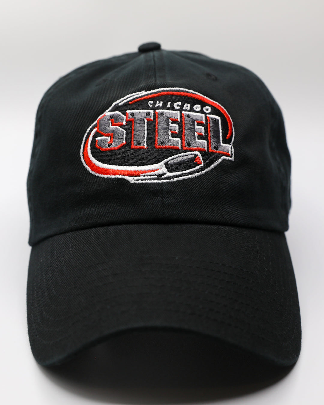 black '47 brand adjustable hat with embroidered Chicago Steel logo on front - front lay flat