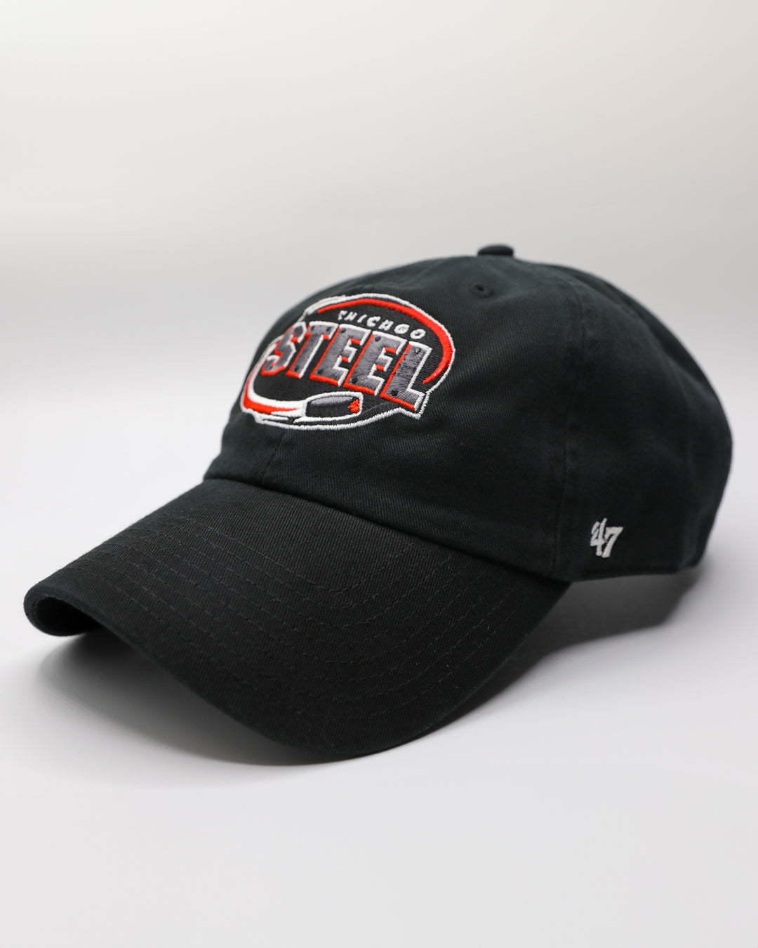 black '47 brand adjustable hat with embroidered Chicago Steel logo on front - left angle lay flat