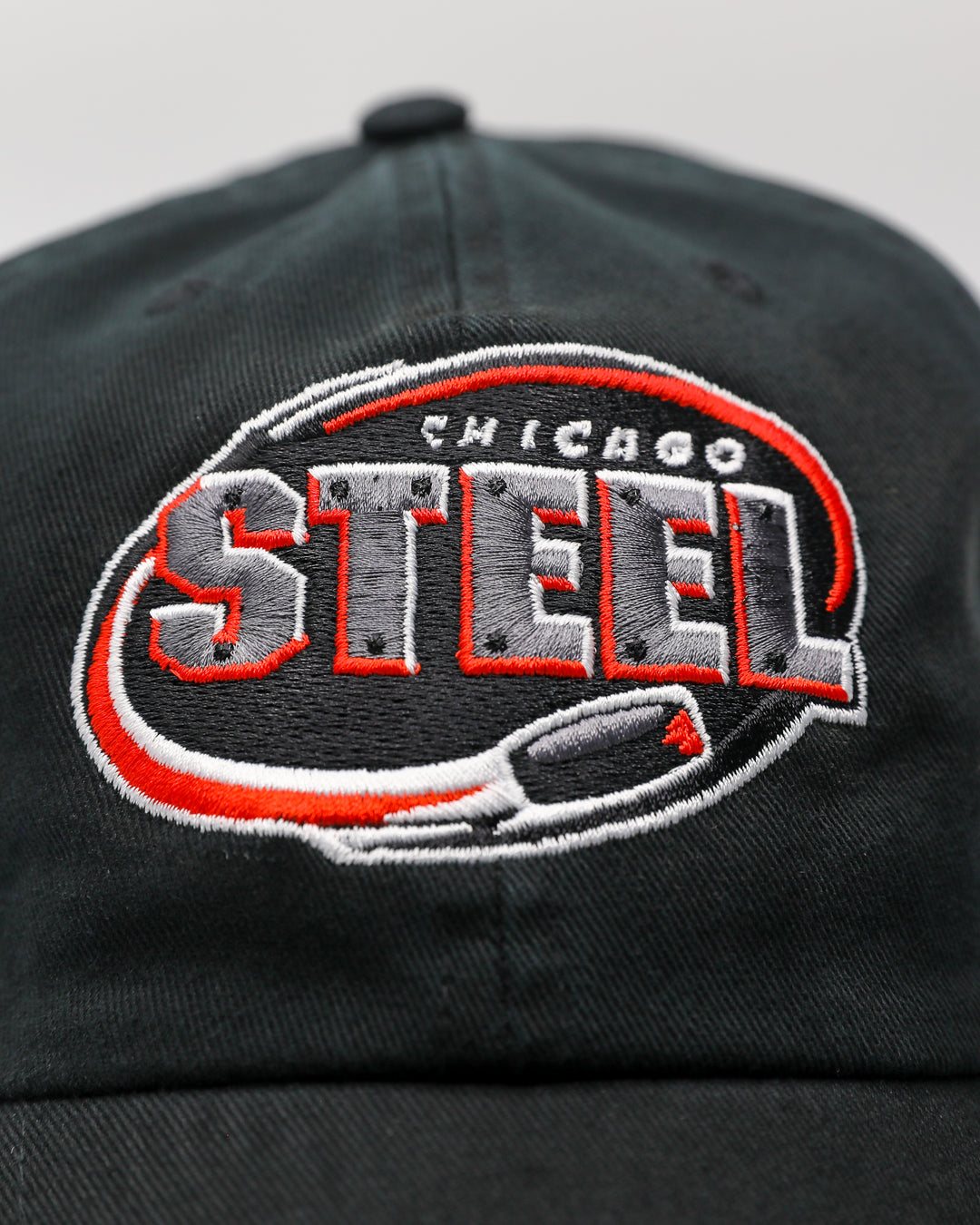 black '47 brand adjustable hat with embroidered Chicago Steel logo on front - front detail lay flat