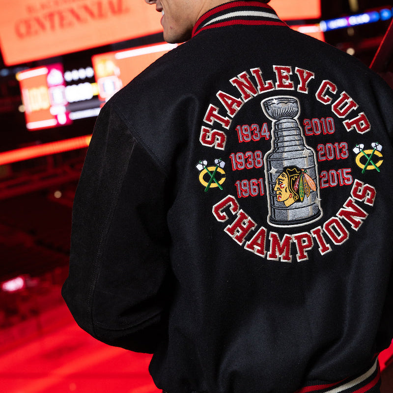 American Needle Chicago Blackhawks 6X Stanley Cup Champions Wool Leather Varsity Jacket