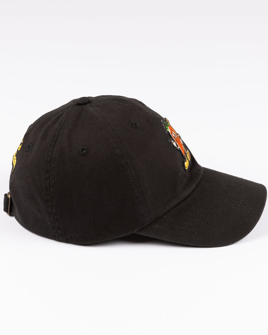 black adjustable Chicago Blackhawks Cheli's Chilli hat with embroidered chili pepper and wordmark - right side lay flat