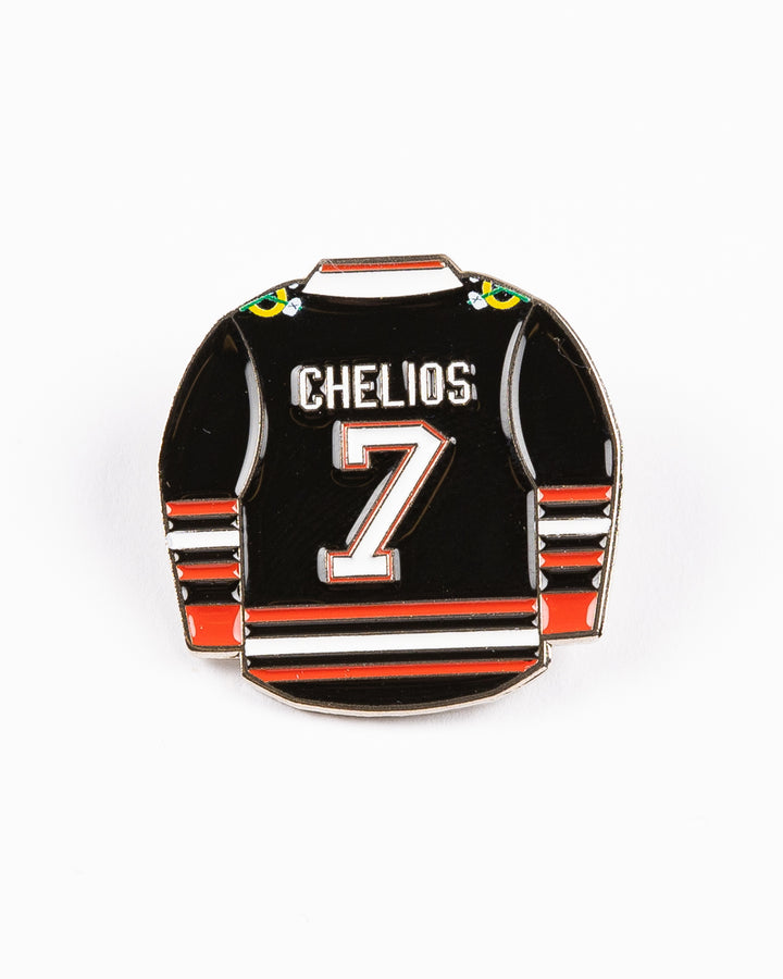 pin with Chicago Blackhawks jersey inspired design for Chris Chelios retirement - front lay flat