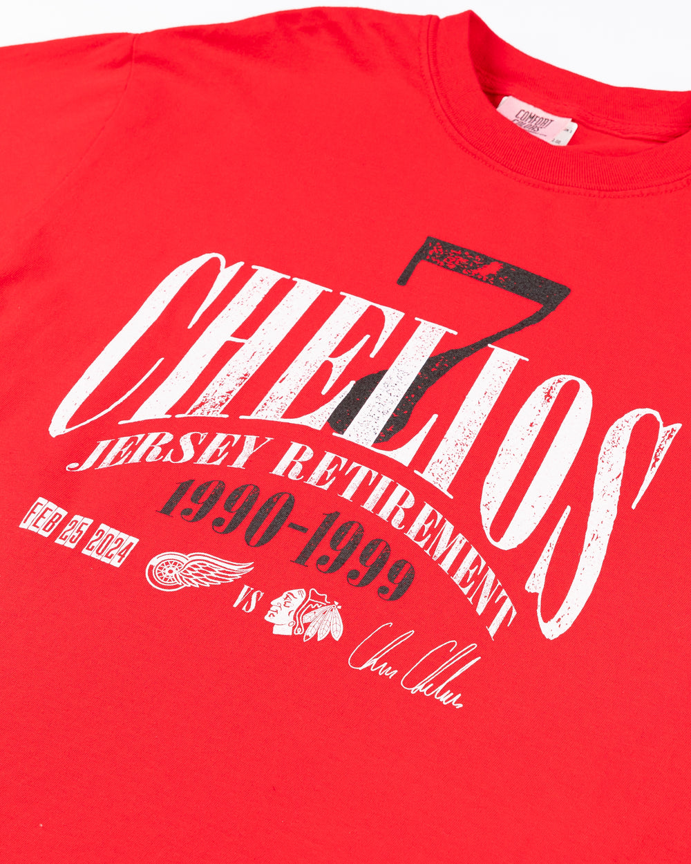 red Chicago Blackhawks short sleeve tee with wordmark Chris Chelios retirement graphic across front - detail lay flat