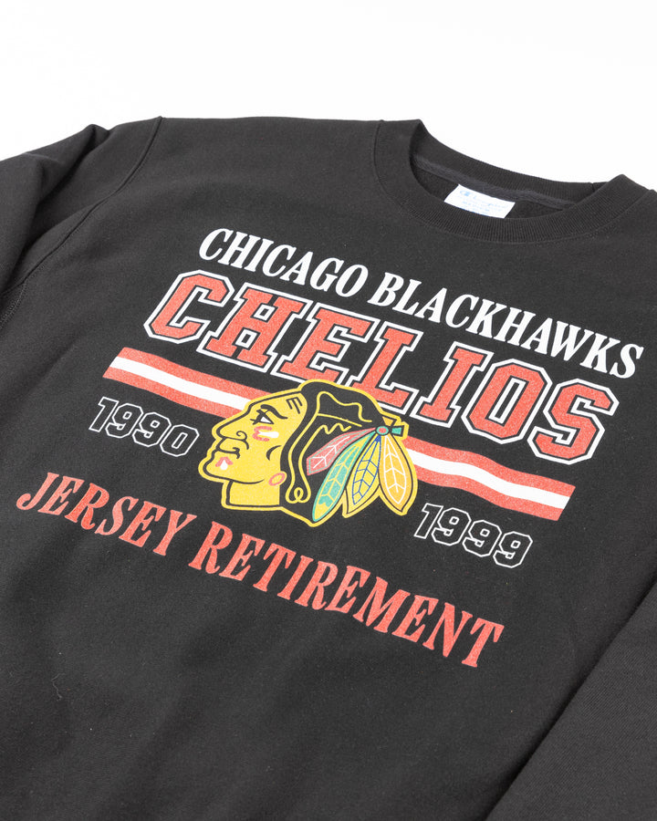 black Champion Reverse Weave crewneck with Chicago Blackhawks Chelios Retirement vintage design on front - front detail lay flat