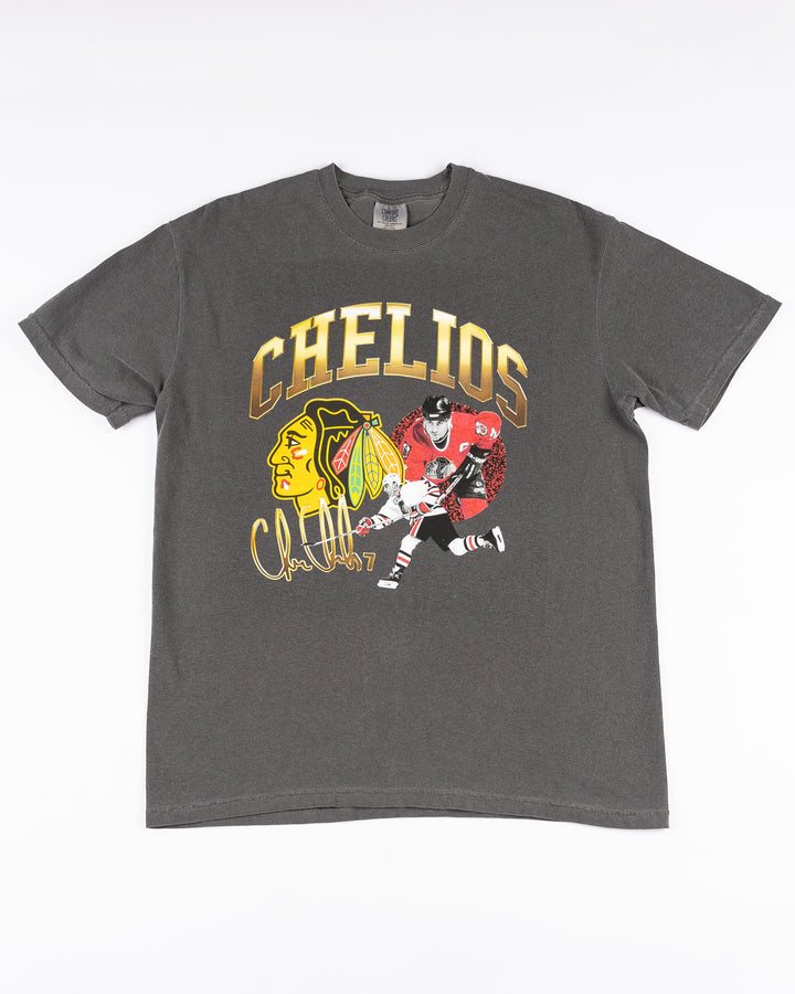 grey Chicago Blackhawks short sleeve tee with Chris Chelios vintage retirement graphic across front - front lay flat