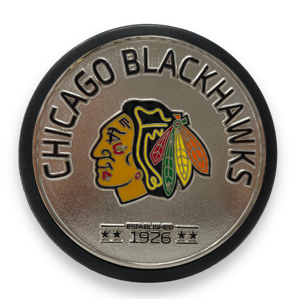 Chicago Blackhawks Puck - Silver Established Medallion