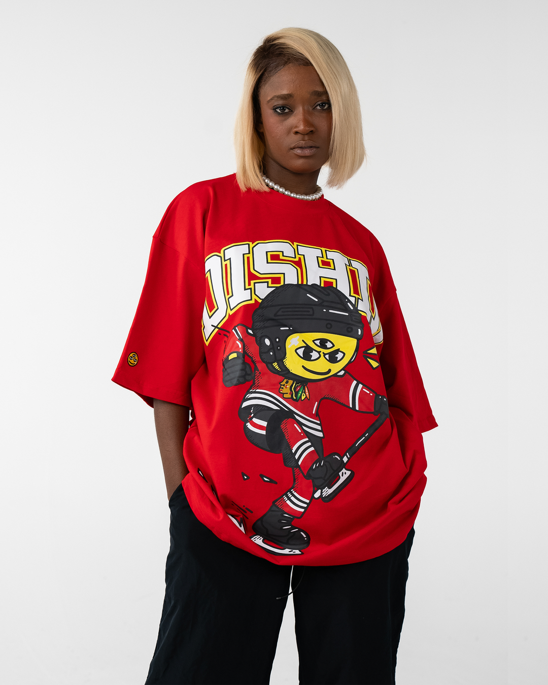 red DISHIN x Blackhawks tee - on female model