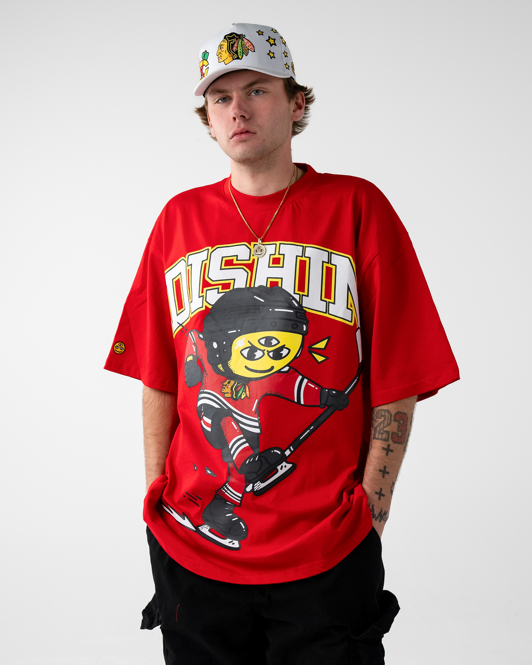 red DISHIN x Blackhawks tee - on male model